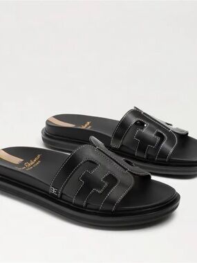 SAM EDELMAN Black Leather VALERI Logo slide Sandals with Cushioned Footbed